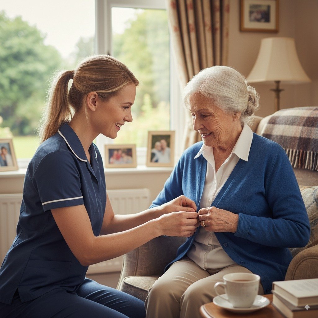 A lovely picture of a caregiver helping an elderly woman with her shirt button